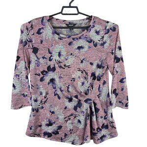 Womens Simply Vera Vera Wang Pink Purple Floral Knit Top 3/4 Sleeve Round Neck L